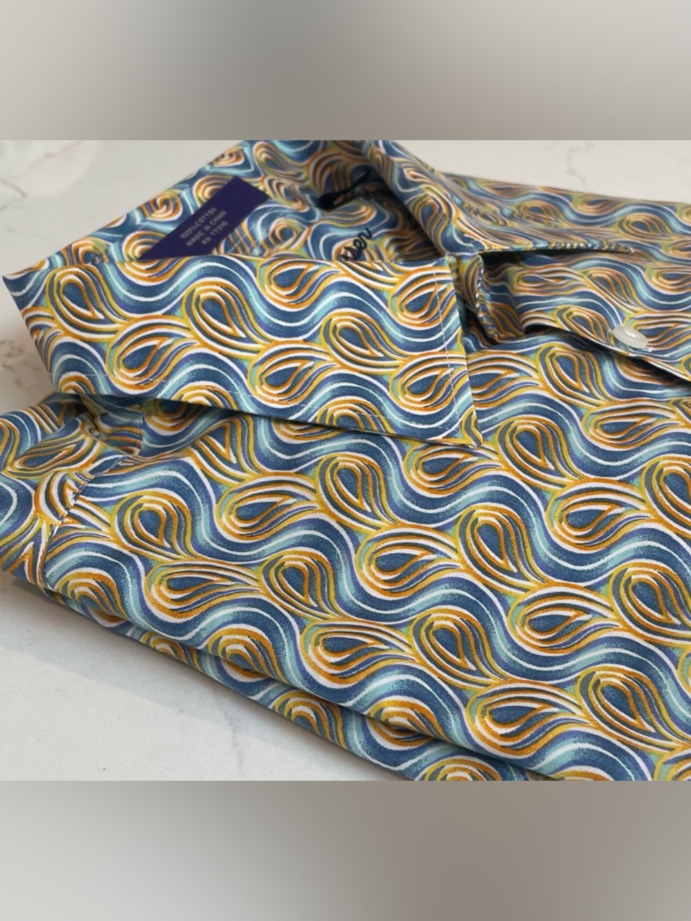 Alan Flusser Men's XL Blue & Orange Paisley Wave-Pattern Bold Cotton Dress Shirt